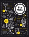 Bar menu design template. Different cocktails illustrations with ingredients and prices